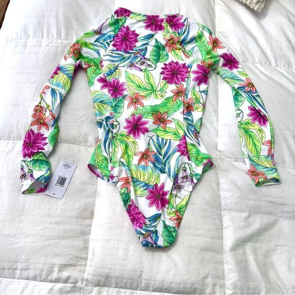 Hurley (NWT) Vibrant Pink, Green &Blue Floral Long Sleeve Swimsuit/ Rashguard-M - Picture 5 of 11